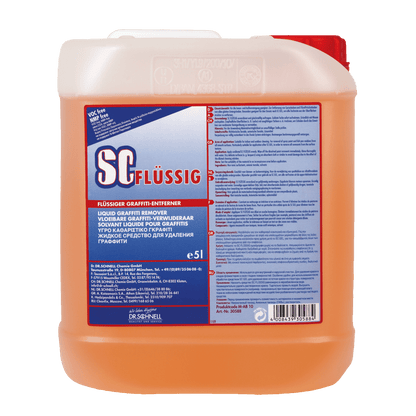 Een 5-liter kunststofcontainer van Dr. Schnell SC VLOEIBARE Graffitiverwijderaar van DR.SCHNELL GmbH & Co. KGaA, gevuld met oranje vloeistof en voorzien van meertalige productinformatie en veiligheidsinstructies voor graffitiverwijdering.
