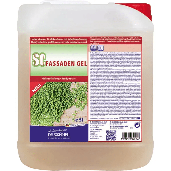 Een 5-liter verpakking Dr. Schnell SC FASSADEN GEL Anti-Graffiti-Systeem van DR.SCHNELL GmbH & Co. KGaA, in een doorzichtige container met rode en paarse etiketten en tweetalige productinformatie voor effectieve graffiti verwijdering.