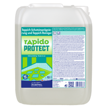 Ein 10L Kanister Dr. Schnell RAPIDO PROTECT Fahrzeugreinigung, Teppich-Reiniger und Imprägnierung von DR.SCHNELL GmbH & Co. KGaA, mit deutschem Etikett und Teppich-Grafik. Ideal für die Fahrzeugreinigung.