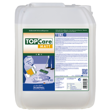 Ein 10-Liter-Kanister aus weißem Kunststoff der Dr. Schnell TOPCARE MATT seidenmatte Universaldispersion für Gebäudereinigung Böden der DR.SCHNELL GmbH & Co. KGaA, mit Produktetiketten, Anweisungen und Reinigungsabbildungen auf der Vorderseite.