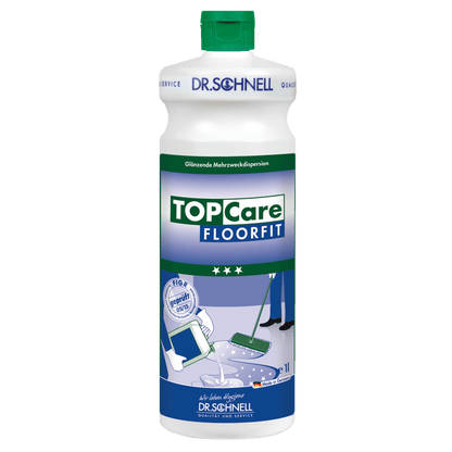 Een witte 1-liter fles van DR.SCHNELL GmbH & Co. KGaA Dr. Schnell TOPCARE FLOORFIT met groene dop en etiket met motieven van mop en tabletten, Duitse tekst, is ideaal voor de professionele, streeploze vloerreiniging als multifunctionele oplossing.