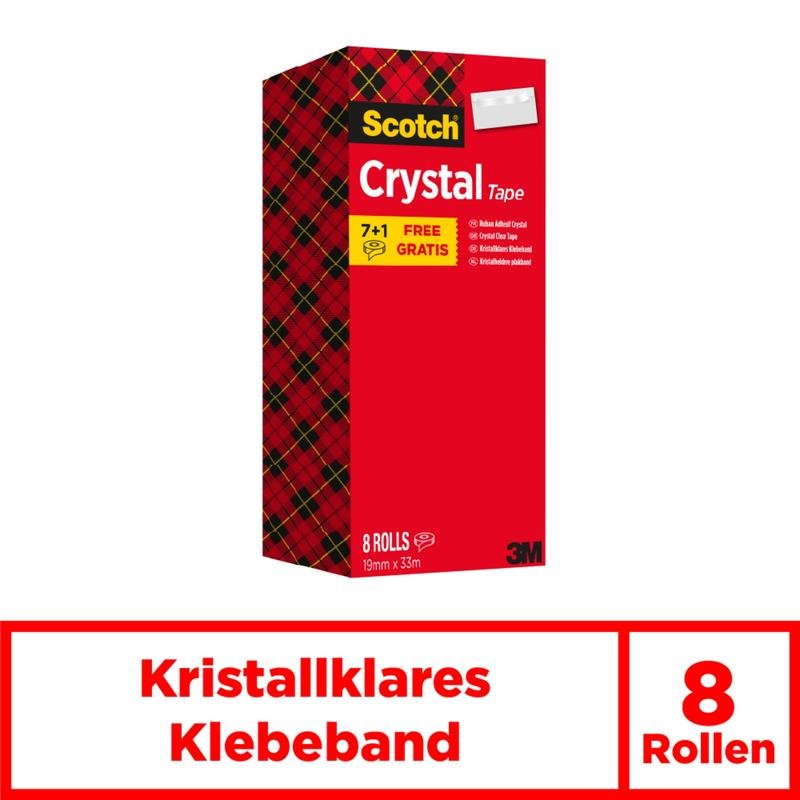 Een rode doos van de 3M Deutschland GmbH Scotch® Crystal plakband, transparant, voordeelverpakking met geruite zijkant draagt het opschrift "8 Rollen", "Kristalhelder plakband", benadrukt "7+1 Free" en bevat plakbanden in het formaat 19 mm x 33 m.