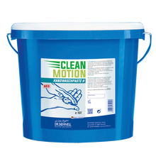 Ein blauer 10L Kunststoffeimer mit weißem Deckel und Griff, beschriftet mit "Dr. Schnell CLEANMOTION Handwaschpaste H, starke Hautreinigung mit Reibemittel" von DR.SCHNELL GmbH & Co. KGaA; deutsche Produktinformation und Handwaschmittel-Grafik auf der Vorderseite.