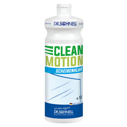 Eine weiße 1L-Kunststoffflasche mit der Aufschrift "Dr. Schnell CLEANMOTION SCHEIBENKLAR" der DR.SCHNELL GmbH & Co. KGaA mit blauer, grüner und gelber Schrift sowie einer Fensterabbildung; dieser Glasreiniger sorgt für eine schlierenfreie, kristallklare Reinigung.