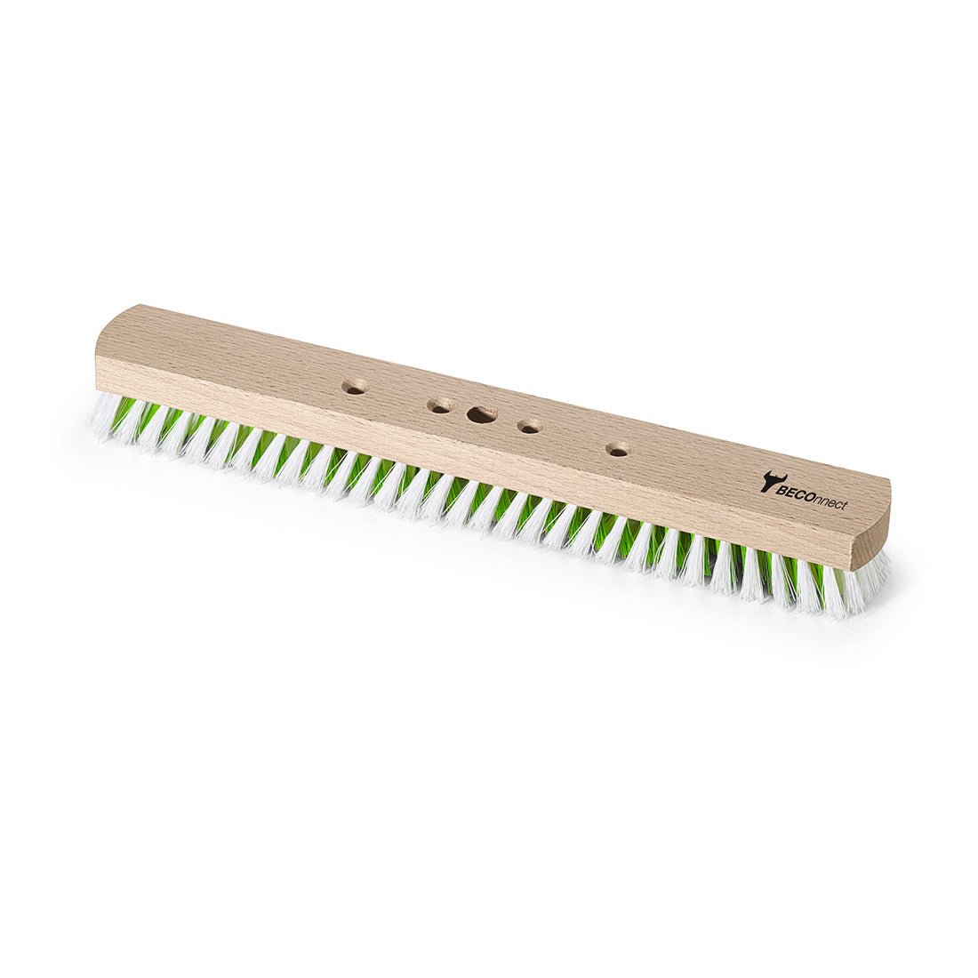 De Nölle Profi-Borstel BECOnnect Grootschalige schrobber 40 cm, met witte en groene PP-borstelharen, is van bovenaf op een witte achtergrond afgebeeld en heeft drie gaten voor steelbevestiging. Merk: Nölle Profi Brush Borstel- & Penseeltechniek e.K.