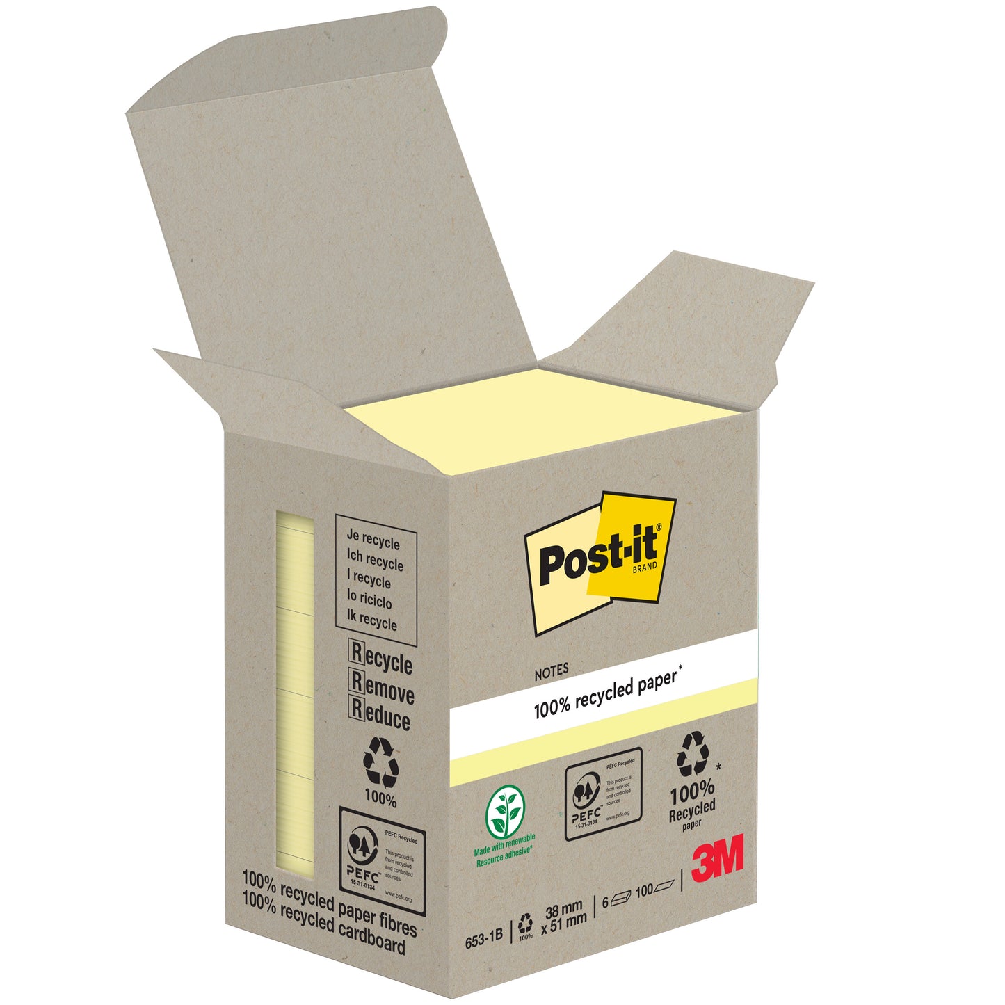 Een geopende doos Post-it® Recycling Notes, 38 mm x 51 mm, 100 vel per blok, gemaakt van 100% PEFC-gecertificeerd papier van 3M Deutschland GmbH, toont gele briefjes met recyclinglogo's en het 3M-logo op de verpakking.