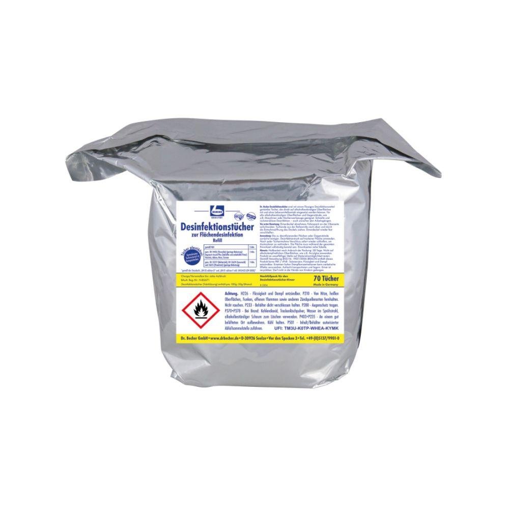 Een zilveren verpakking met Duitse opschrift en een rode waarschuwing „Ontvlambaar“ bevat 70 Dr. Becher desinfectiedoekjes voor oppervlakte-desinfectie van Dr. Becher GmbH, perfect voor residuvrije desinfectie van alcoholbestendige oppervlakken.