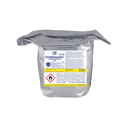 Een zilveren verpakking met Duitse opschrift en een rode waarschuwing „Ontvlambaar“ bevat 70 Dr. Becher desinfectiedoekjes voor oppervlakte-desinfectie van Dr. Becher GmbH, perfect voor residuvrije desinfectie van alcoholbestendige oppervlakken.