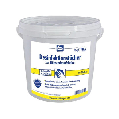 De Dr. Becher desinfectiedoekjes voor oppervlakte-desinfectie van Dr. Becher GmbH worden geleverd in een witte container met een blauw-geel etiket dat wijst op de residuvrije desinfectie van oppervlakken. De container bevat 70 doekjes van 30 x 30 cm en is voorzien van een praktische deksel en draaggreep.