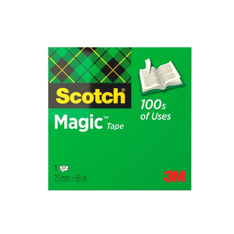 Een groene doos Scotch® Magic™ Onzichtbare Tape van 3M Deutschland GmbH met het Scotch-logo, het symbool van een open boek, "100s of Uses", "3M" in rood en de vermelding 25 mm x 66 m met 1 rol erin.