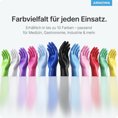 Eine Reihe von ARNOMED NITRIL BLUE reißfesten Einmalhandschuhen der ARNOWA GmbH ist vor einem hellen Hintergrund abgebildet, darüber ein deutscher Text mit dem Hinweis auf die latexfreie Qualität für den medizinischen, gastronomischen und industriellen Einsatz. In der Ecke befindet sich das ARNOWA-Logo.