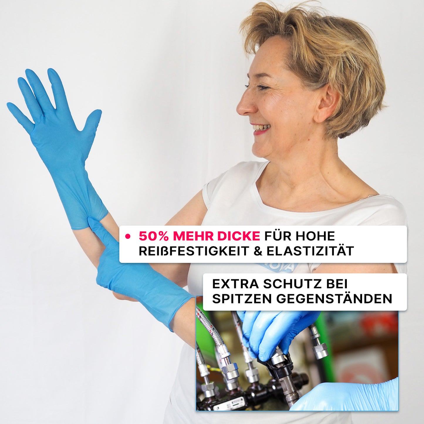 Eine Frau zieht ARNOMED NITRIL BLUE XTRA LONG Einmalhandschuhe (ARNOWA GmbH) an. Deutschsprachiger Text hebt ihre 30 cm Länge, Stärke und Elastizität für extra Schutz hervor. Im Bildausschnitt werden die Handschuhe beim Umgang mit Schläuchen verwendet.