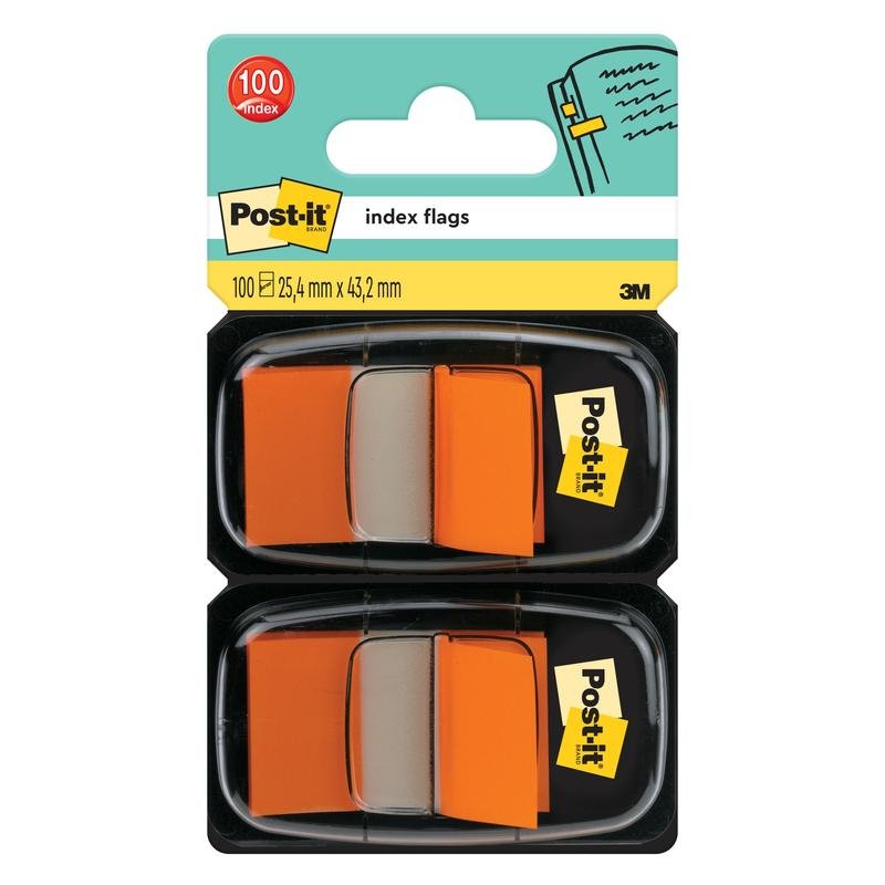 Een verpakking Post-it® Index markeerstrips van 3M Deutschland GmbH bevat twee dispensers met elk 50 oranje vlaggetjes (25,4 mm x 43,2 mm), dus in totaal 100 vlaggetjes met zichtbaar Post-it- en 3M-logo.