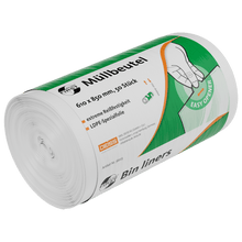 Een rol EMIL DEISS KG (GmbH + Co.) DEISS 36023 vuilniszakken (610x850 mm, wit, 50 stuks) in robuuste verpakking met Duits/Engelse tekst. Ze zijn gemakkelijk te openen, extreem scheurvast en uitgerust met speciale LDPE-folie.