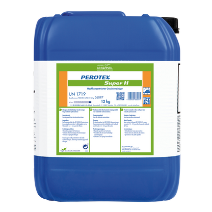 Ein blauer 12 kg Kunststoffbehälter mit der Aufschrift "Dr. Schnell PEROTEX SUPER H" der DR.SCHNELL GmbH & Co. KGaA, ein Hochleistungsreiniger für den professionellen Einsatz, mit Produktcodes und mehrsprachigen Anweisungen auf dem weiß-grünen Etikett.