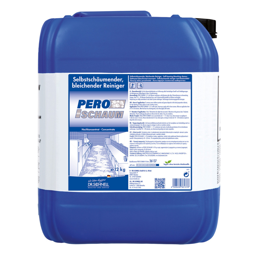 Ein 12 kg Kanister aus blauem Kunststoff von Dr. Schnell PERO SCHAUM, einem selbstschäumenden, bleichenden, chlorierten Oberflächenreiniger der DR.SCHNELL GmbH & Co. KGaA, konzipiert für die effektive Oberflächenreinigung.