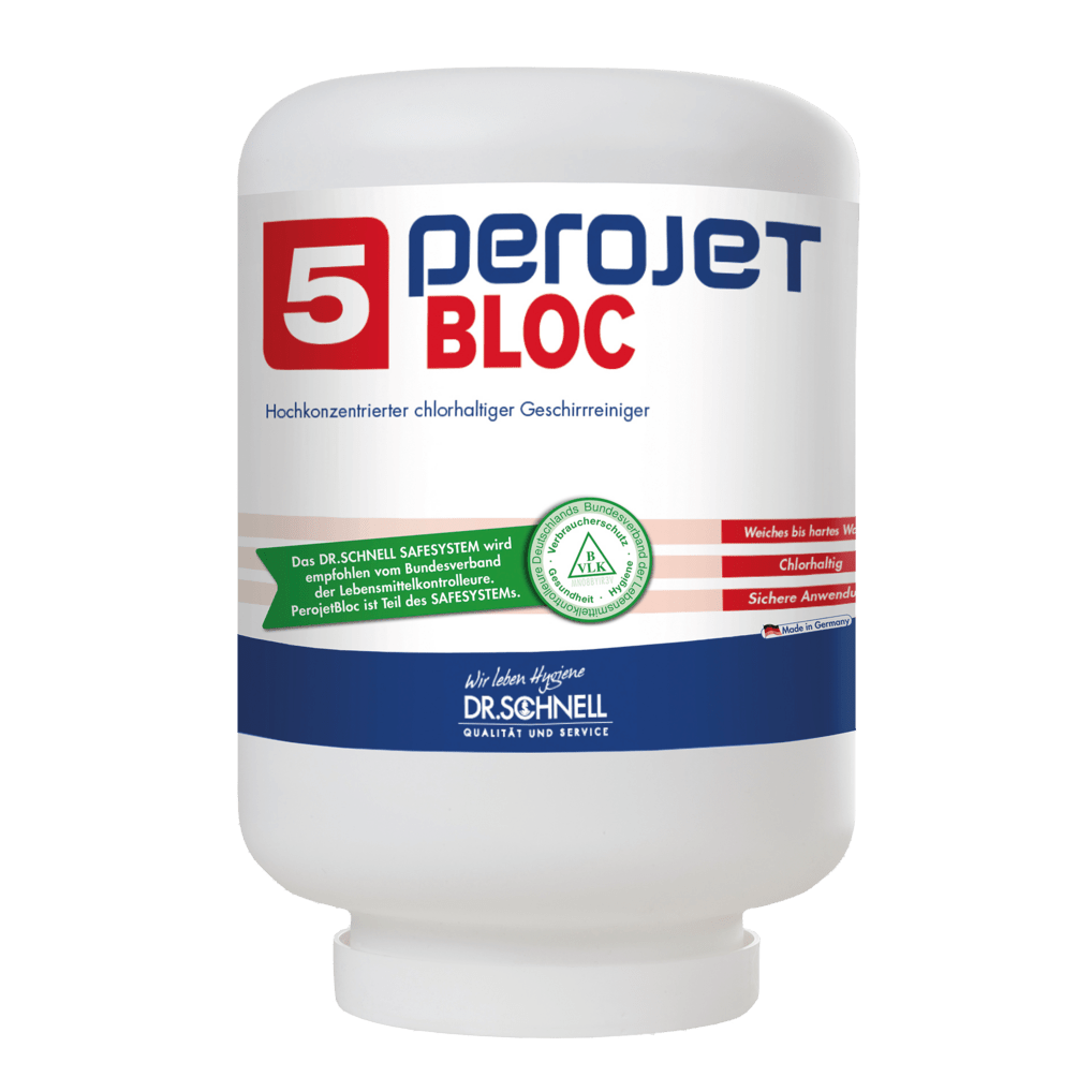 Een grote witte 4-kg-patroon met het opschrift "Dr. Schnell PEROJET BLOC 5 vaatwasmiddel voor commerciële vaatwassers, chloorhoudend" toont Duitse tekst, een groen certificeringssymbool en het logo van DR.SCHNELL GmbH & Co. KGaA-logo.