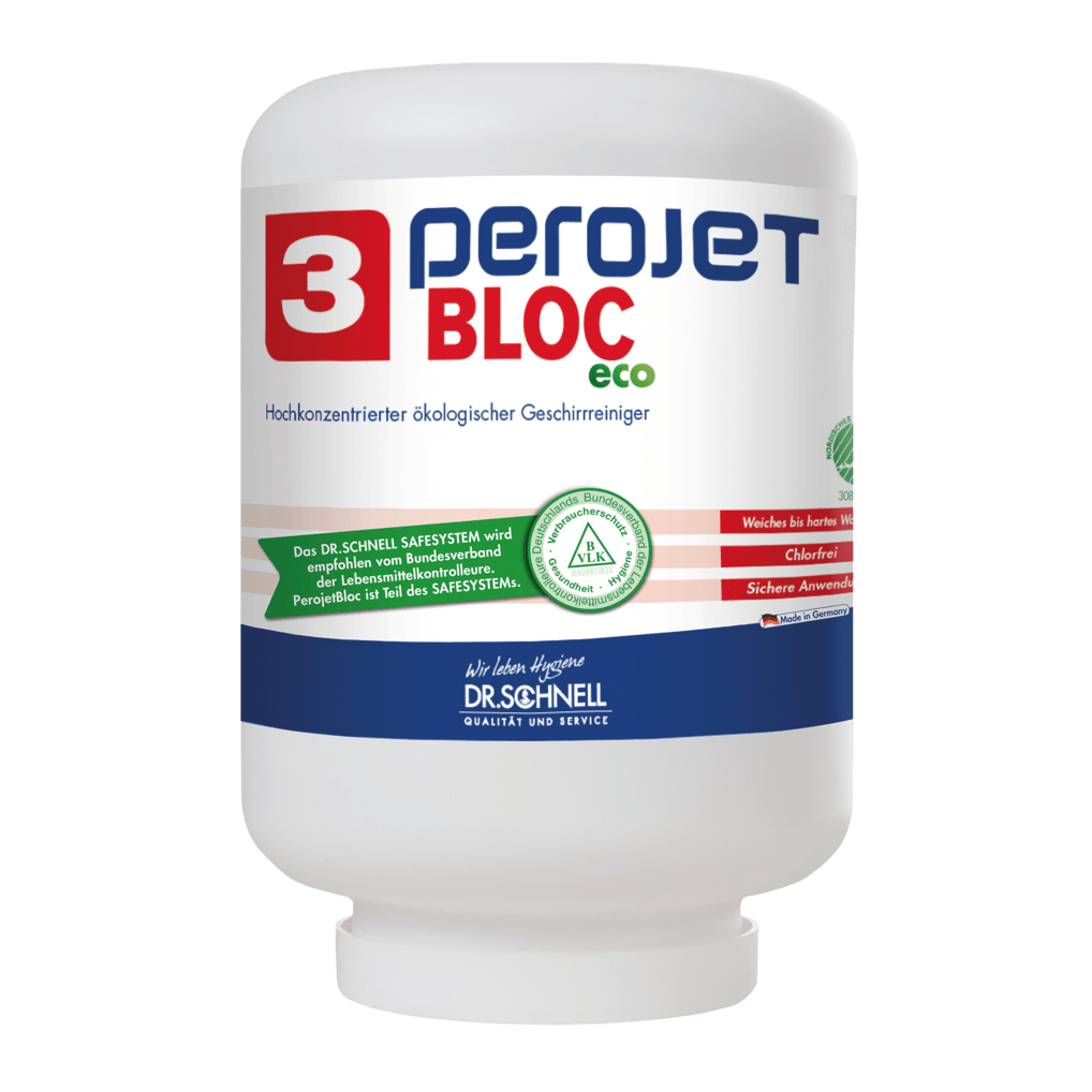 Een witte 4 kg cartridge met het opschrift "Dr. Schnell PEROJET BLOC 3 ECO vaatwasmiddel voor commerciële vaatwassers, ecologisch" van DR.SCHNELL GmbH & Co. KGaA is aan de voorkant voorzien van ecologische keurmerken.