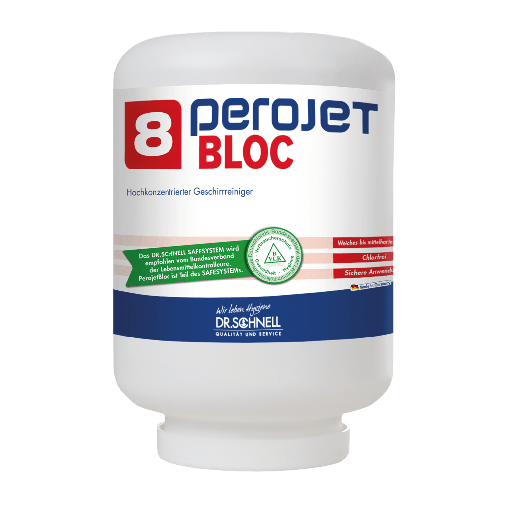 Een witte container van DR.SCHNELL GmbH & Co. KGaA PEROJET BLOC 8 vaatwasmiddel voor professionele vaatwassers, ecologisch (4 kg cartridge) met een rood-blauw etiket en productinformatie in het Duits op de voorkant.