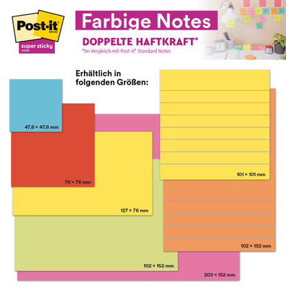 Een grafiek toont de Post-it® Super Sticky Notes van 3M Deutschland GmbH (76x76 mm, 90 vellen/blok, 16 blokken/verpakking, verschillende kleuren, 100% PEFC-gecertificeerd) naast andere maten van kleefnotities/notities in vierkante en rechthoekige vorm.
