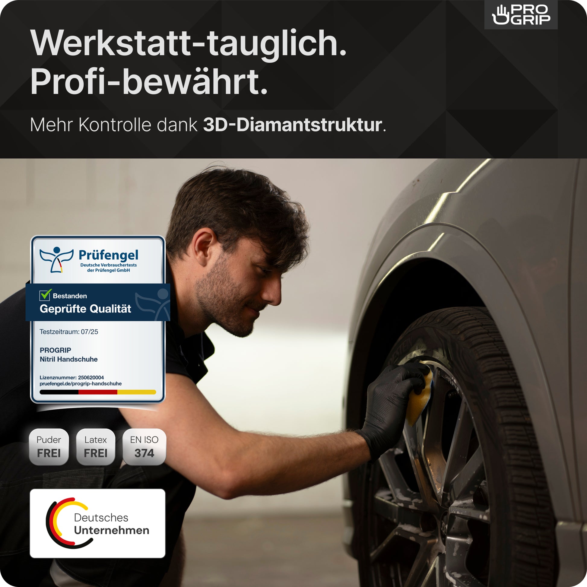 Ein Mann trägt ARNOWA PROGRIP NITRIL DIAMOND BLACK Einmalhandschuhe und reinigt einen Autoreifen. Text hebt professionelle Qualität, Diamantstruktur und Zertifizierung hervor, während Icons die Produkteigenschaften zeigen.
