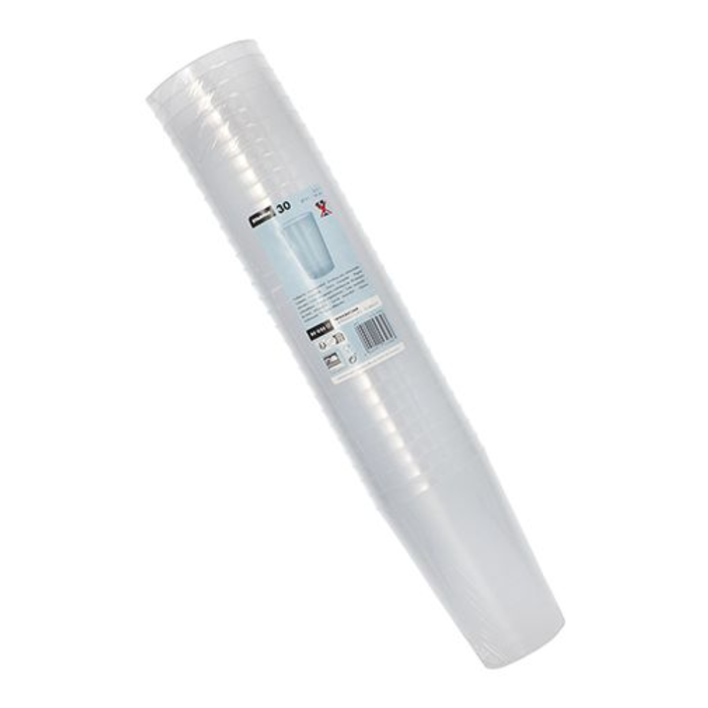 Een stapel Starpak herbruikbare plastic bekers PP 0,5 l, gewikkeld in transparante krimpfolie met etiket en barcode. De bekers zijn verticaal gerangschikt voor een eenvoudige witte achtergrond.