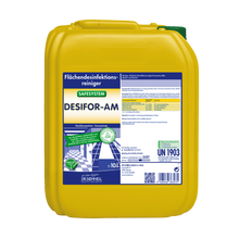 Ein gelber 10-Liter-Kunststoffbehälter mit der Aufschrift "Dr. Schnell DESIFOR-AM Flächendesinfektion" der DR.SCHNELL GmbH & Co. KGaA ist mit blauer und weißer Schrift versehen, die Produktdetails, Anwendungshinweise und Sicherheitshinweise zur Flächendesinfektion enthält.