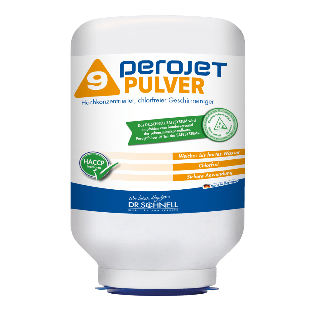 Een witte 3kg-patroon van DR.SCHNELL GmbH & Co. KGaA PEROJET PULVER 9, een chloorvrij vaatwasmiddel voor commerciële machines, met gekleurde etiketten, Duitse tekst en HACCP-certificering.