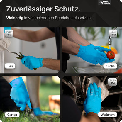 Eine Collage zeigt PROGRIP NITRIL DIAMOND BLUE von ARNOWA GmbH im Einsatz: beim Greifen einer grünen Paprika, beim Waschen einer Tomate, bei der Gartenarbeit und beim Autofahren. Ein deutscher Text hebt ihre reißfeste Diamantstruktur und Vielseitigkeit hervor.