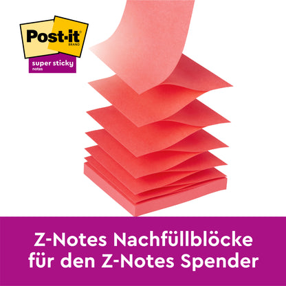 Een stapel 3M Post-it® Super Sticky Z-Notes in verschillende kleuren, 76x76 mm, is naar boven uitwaaierend. De verpakking bevat 14 blokken plus 2 gratis vellen (90 vel/blok), met de tekst "14 blokken + 2 gratis" aan de onderkant. PEFC-gecertificeerd.