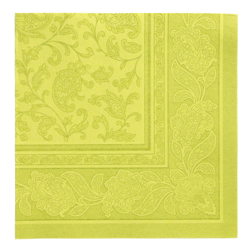 Die grüne, quadratische Papierserviette aus der PAPSTAR "ROYAL Collection" (40 x 40 cm, 1/4 gefaltet) der PAPSTAR GmbH zeigt ein verziertes Paisleymuster und eine dekorative Bordüre mit Blumen- und Blattmotiven.