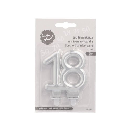 De PAPSTAR GmbH jubileumkaarsen met houder, 7 cm "zilver", is een zilveren cijferkaars in meertalige verpakking, ideaal voor verjaardagen of jubilea, en bevat een houder voor eenvoudig gebruik bij feesten.