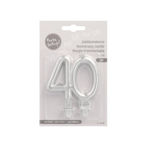PAPSTAR GmbH jubileumkaarsen met houder 7 cm "zilver" met zilveren nummer 40, ideaal voor verjaardagen of jubilea, verpakt in een display van kunststof en karton met Duitse, Engelse en Franse tekst.