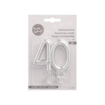 PAPSTAR GmbH jubileumkaarsen met houder 7 cm "zilver" met zilveren nummer 40, ideaal voor verjaardagen of jubilea, verpakt in een display van kunststof en karton met Duitse, Engelse en Franse tekst.
