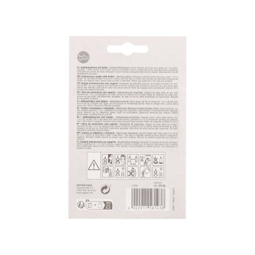 De achterkant van een PAPSTAR jubileumkaarsen met houder 7 cm "zilver" verpakking van de PAPSTAR GmbH toont meertalige tekst, veiligheids-/recyclingsymbolen, een barcode rechtsonder en een ophanggaatje bovenaan voor eenvoudige presentatie.