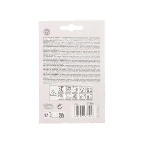 De achterkant van de PAPSTAR jubileumkaarsen met houder 7 cm "zilver" van PAPSTAR GmbH toont meertalige aanwijzingen, veiligheids- en recyclingsymbolen aan de onderkant en een barcode rechtsonder.