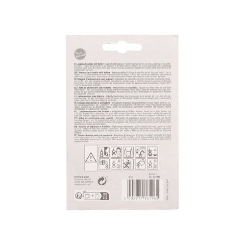 De PAPSTAR jubileumkaarsen met houder 7 cm "zilver" van de PAPSTAR GmbH zijn voorzien van kleine zwarte letters, gevaar- en recyclingsymbolen, een barcode aan de onderkant en een ophanggaatje aan de bovenkant.