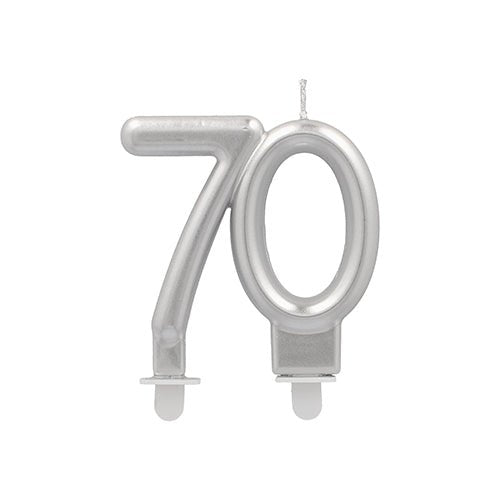 De PAPSTAR jubileumkaarsen met houder 7 cm "zilver" van PAPSTAR GmbH is een zilver-metallische verjaardagskaars in de vorm van het cijfer 70, met twee kleine witte voetstukken - perfect voor stijlvolle feesten die zilveren kaarsen met houder nodig hebben.