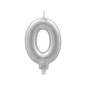 A PAPSTAR GmbH Zahlenkerze mit Halter 7 cm "silber", geformt als Ziffer Null, mit Docht und kleinem Kunststoffhalter - ideal als Geburtstagskerze, vor weißem Hintergrund.