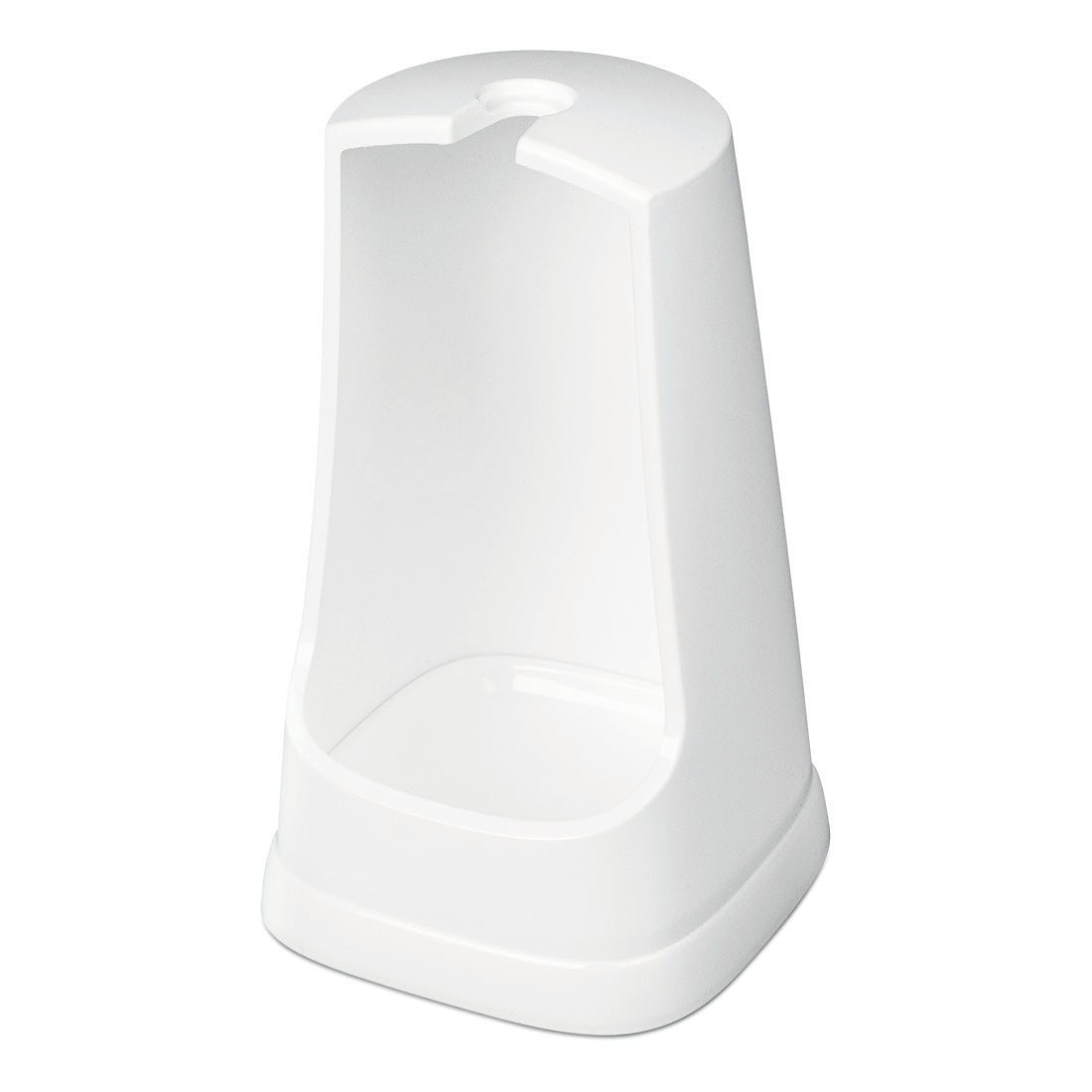 Ein weißer Kunststoffständer mit offener Vorderseite und Loch an der Oberseite zur Aufbewahrung der Nölle Profi Brush WC-Bürste Rundkopf 38 cm (PPN-Borsten), von Nölle Profi Brush Bürsten- & Pinseltechnik e.K., oder ähnlichem Zubehör.