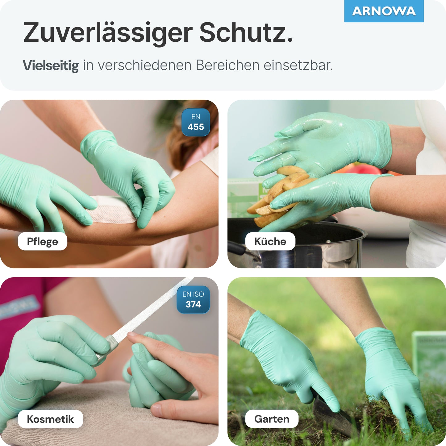 Een collage toont mensen die ARNOMED NITRIL PEPPERMINT GREEN Bonte wegwerphandschoenen van ARNOWA GmbH dragen bij het verbinden, schoonmaken, nagelvijlen en werken in de tuin. Duitse etiketten benadrukken de veelzijdigheid van de mintgroene nitrilhandschoenen.