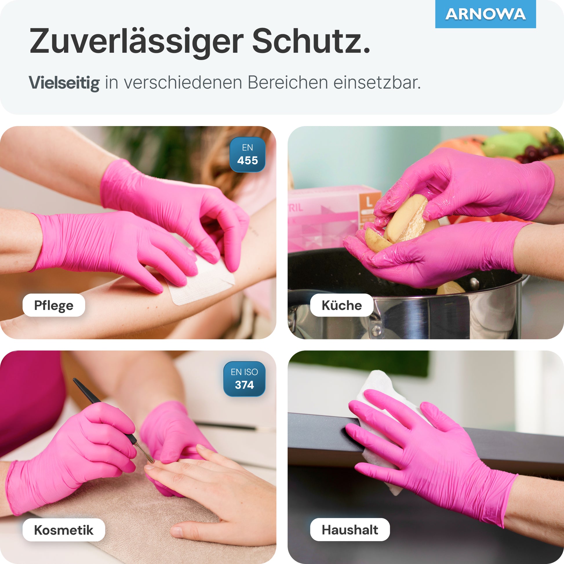 Vier Bilder zeigen ARNOMED NITRIL MAGNOLIA PINK Einmalhandschuhe von ARNOWA GmbH beim Pflegen, Kartoffelwaschen, Maniküre und Reinigen. Deutscher Text betont ihre puderfreie, latexfreie Vielseitigkeit.
