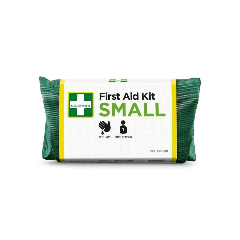 Een groen Eerste-Hulp Set SMALL van Orkla Wound Care AB, ideaal voor noodgevallen en individuen, geschikt voor wondverzorging. De verpakking toont logo, tekst en symbolen. Bevat 1 stuk.