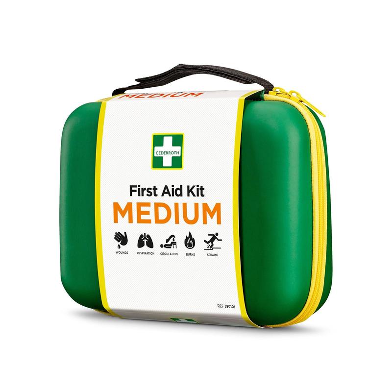 Een compacte EHBO-doos MEDIUM van Orkla Wound Care AB in groen-geel, met symbolen voor wonden, ademhaling, bloedsomloop, brandwonden en verstuikingen - perfect als snelle nooduitrusting.