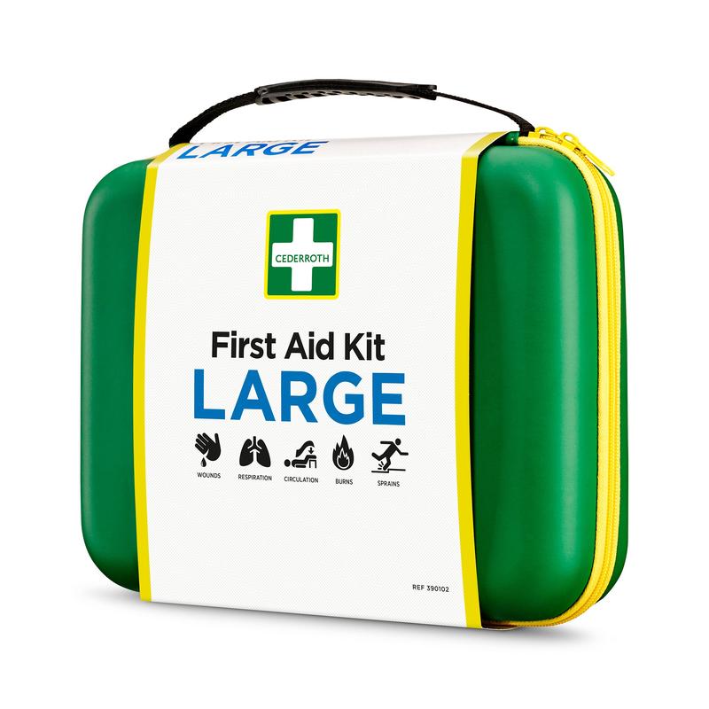 Een groen-gele harde Orkla Wound Care AB EHBO-doos GROOT (1 stuk) met zwarte handgreep en gele ritssluiting, gelabeld met "First Aid Kit LARGE", ontworpen voor noodgevallen zoals wonden, brandwonden, verstuikingen, circulatie en ademhaling.