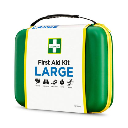 Een groen-gele harde Orkla Wound Care AB EHBO-doos GROOT (1 stuk) met zwarte handgreep en gele ritssluiting, gelabeld met "First Aid Kit LARGE", ontworpen voor noodgevallen zoals wonden, brandwonden, verstuikingen, circulatie en ademhaling.