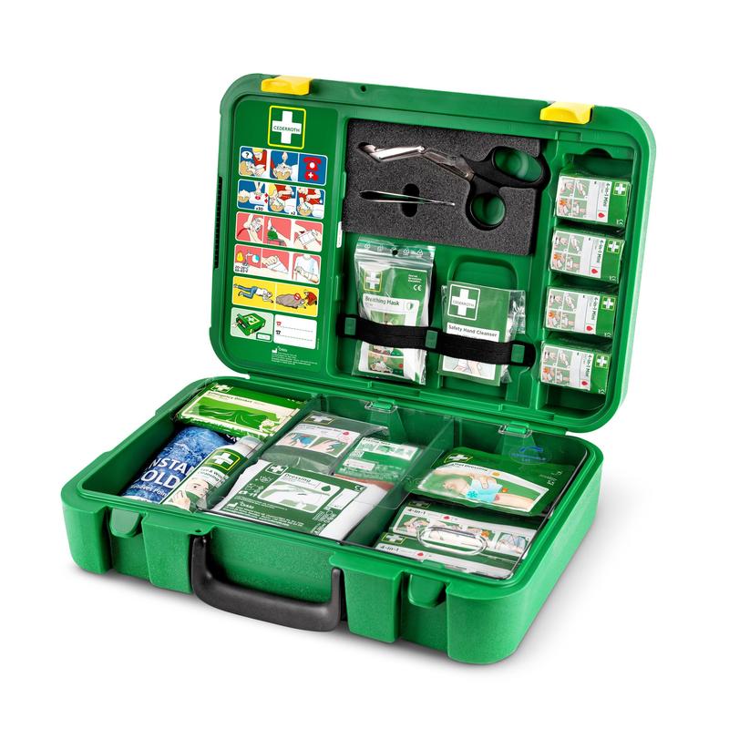 De Orkla Wound Care AB EHBO-doos X-LARGE | Verpakking (1 stuk) beschikt over overzichtelijke vakken met verbanden, scharen, handschoenen, pleisters, een koelelement en een geïllustreerde handleiding - perfect voor noodgevallen.