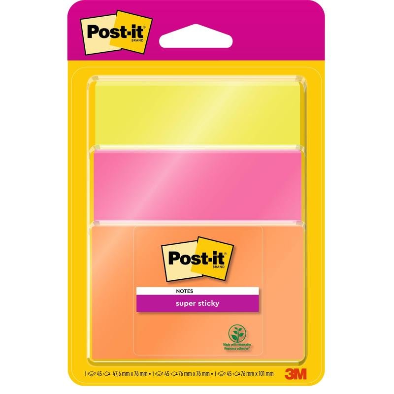 Een pak Post-it® Super Sticky Notes van 3M Deutschland GmbH bevat 3 PEFC-gecertificeerde blokken (76x76 mm, 45 vel per blok) in verschillende kleuren. De verpakking toont het Post-it® merk- en plaknotitieslabel met het 3M-logo.
