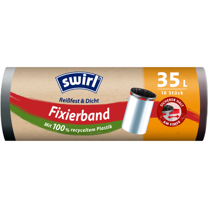 Een rol Swirl fixeerband-afvalzakken 35 l scheurvast & dicht van Melitta Europa GmbH & Co. KG, met elastisch fixeerband, bevat 10 zakken/rol (100% gerecycled kunststof), met afvalbakafbeelding en rood-groene Duitse verpakking.