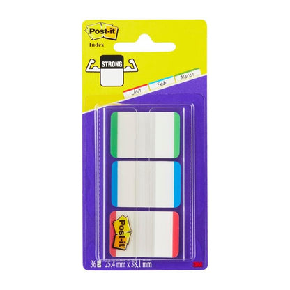 Een pak 3M Post-it® Index Strong tabbladen in verschillende kleuren, standaardformaat (25,4 mm x 38,1 mm), bevat 66 plakstroken per dispenser.
